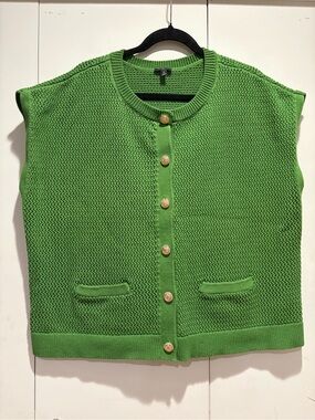 Talbots Plus Green Cotton Knit Sweater Vest, Gold Buttons, old money style